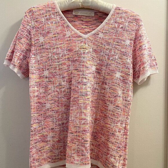 Vintage Camela Geometric Rainbow Knit V-Neck Tee Pink - Picture 6 of 13